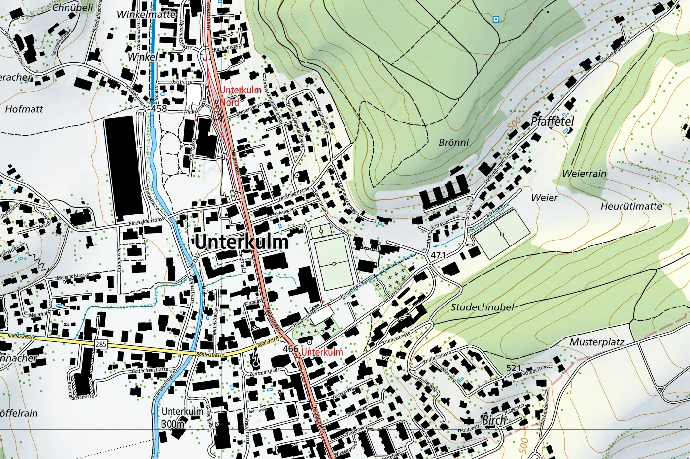 Kartenausschnitt von Unterkulm: Dorfzentrum mit Hauptstrasse, Schulanlage Färberacker und Juchstrasse mit den beiden Sportplätzen östlich des Zentrums.